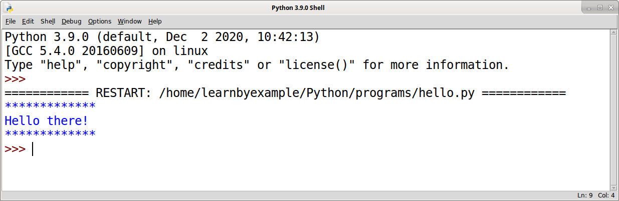 Python shell example with output from an executed program