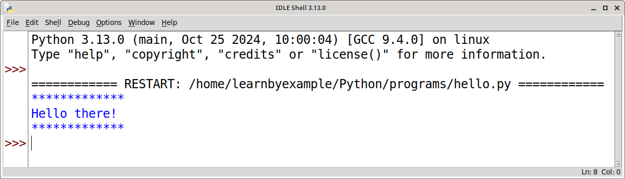 Python shell example with output from an executed program