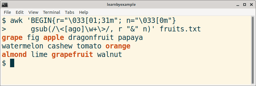 Example for displaying matched portions in color with GNU awk