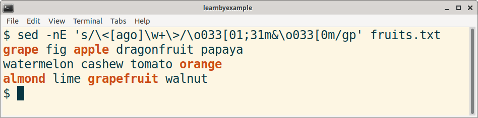 Example for displaying matched portions in color with GNU sed